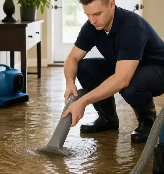Technician removing standing water from a floor with an extraction wand in Kaukauna, WI