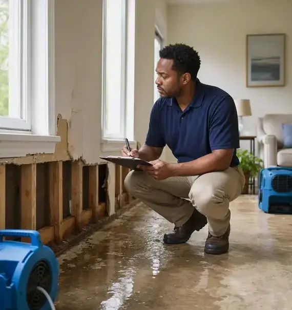 Technician documenting water damage on a clipboard to support an insurance claim in Kaukauna, WI