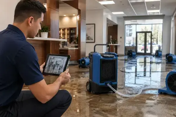 Technician reviewing moisture readings beside a dehumidifier and air movers in a flooded lobby in Kaukauna, WI
