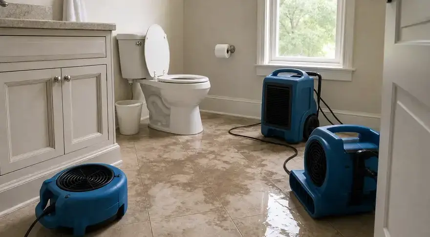 Air movers and a dehumidifier drying a bathroom floor after a toilet overflow in Kaukauna, WI