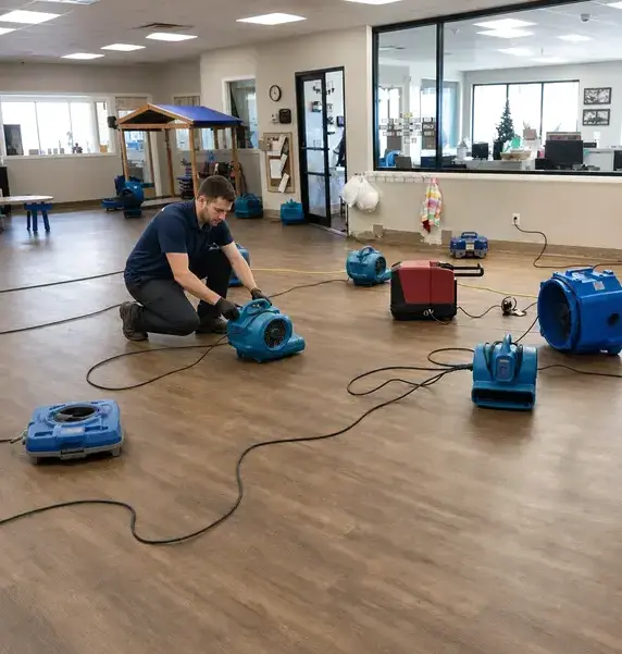 Technician placing air movers across a wet floor during commercial water damage restoration in Kaukauna, WI