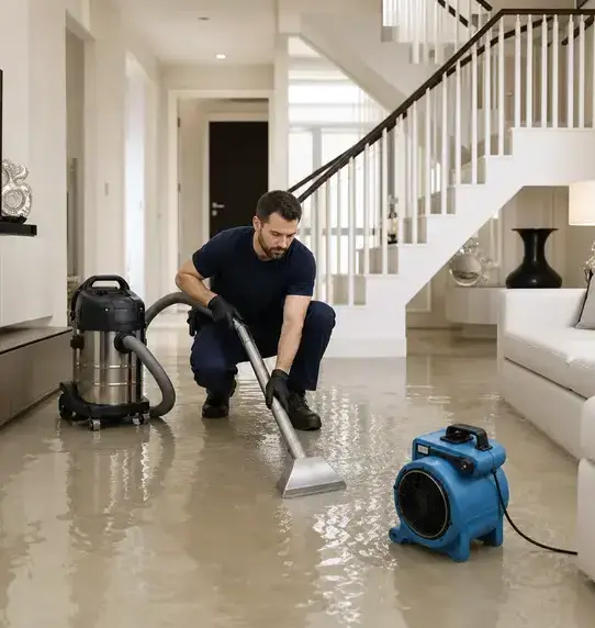 Technician extracting floodwater from a flooded lower level during basement flood cleanup in Kaukauna, WI