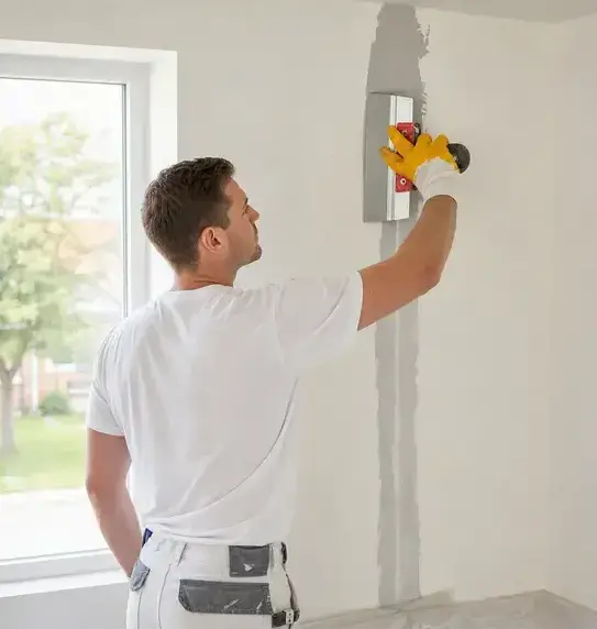 Worker taping and finishing a repaired drywall seam after water damage in Kaukauna, WI