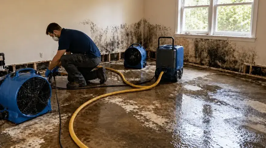 Technician drying a storm-damaged room with stained walls using air movers and a dehumidifier in Kaukauna, WI