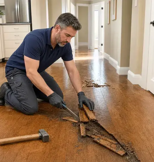 Technician prying up water-damaged hardwood floorboards in Kaukauna, WI
