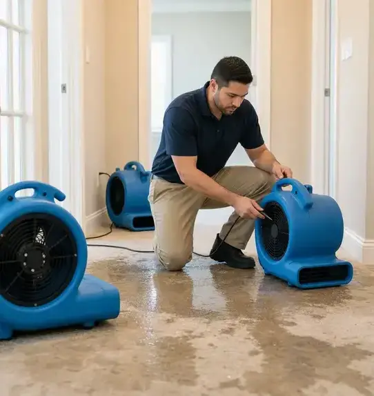 Technician setting up air movers on a wet hallway floor after a burst pipe in Kaukauna, WI