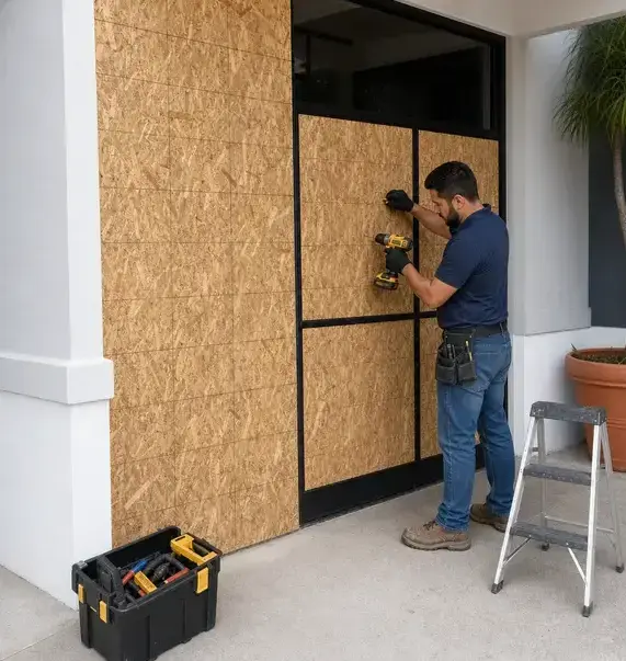 Worker screwing plywood over storefront windows during an emergency board-up in Kaukauna, WI