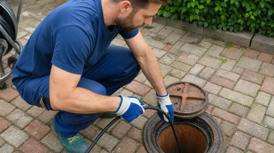 Technician running a drain line into an outdoor sewer access in Kaukauna, WI