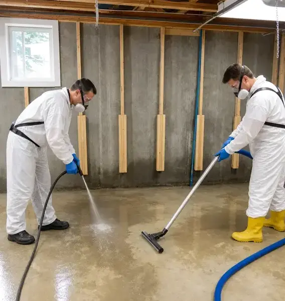 Workers in protective suits and respirators cleaning a basement floor after a sewage backup in Kaukauna, WI