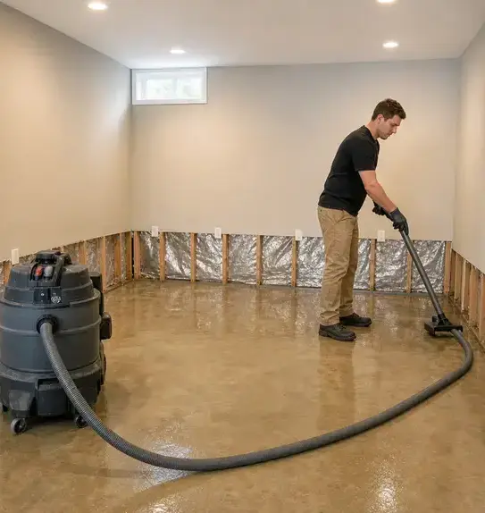 Technician vacuuming floodwater from a basement floor with cut-back walls during flood damage restoration in Kaukauna, WI