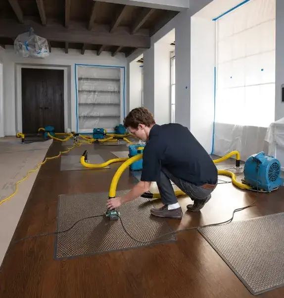 Technician setting up floor-drying mats on hardwood, one of the factors behind water damage restoration cost in Kaukauna, WI