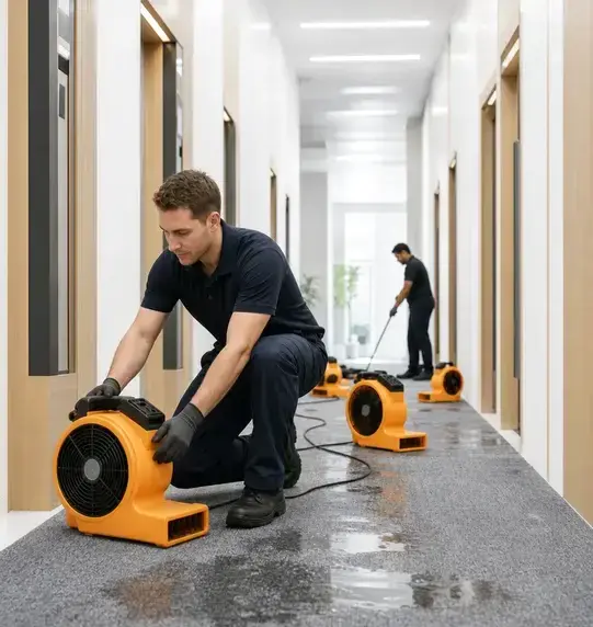 Technician placing air movers to dry a water-damaged carpeted hallway in Kaukauna, WI