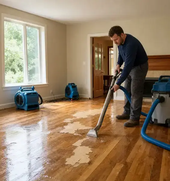 Technician extracting water from a hardwood floor as air movers dry the room during water mitigation in Kaukauna, WI