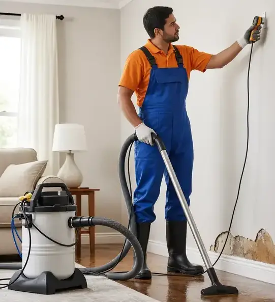Restoration worker checking a water-damaged wall with a moisture meter in Kaukauna, WI