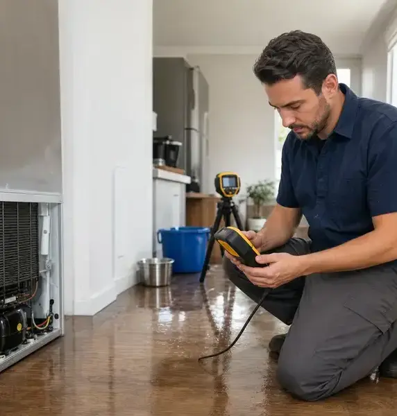 Technician using a moisture meter and thermal camera to assess water damage in a kitchen in Kaukauna, WI