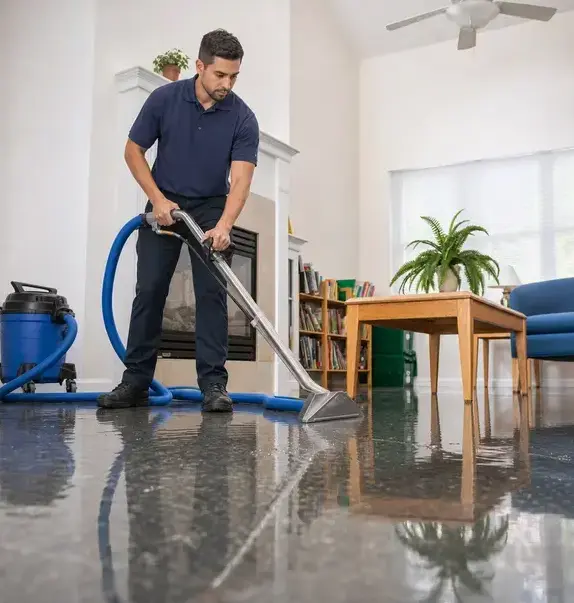 Technician extracting standing water from a living room floor during emergency water damage cleanup in Kaukauna, WI