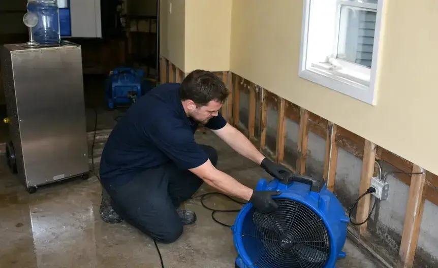Technician positioning an air mover beside cut-back drywall to dry a flooded room in Kaukauna, WI