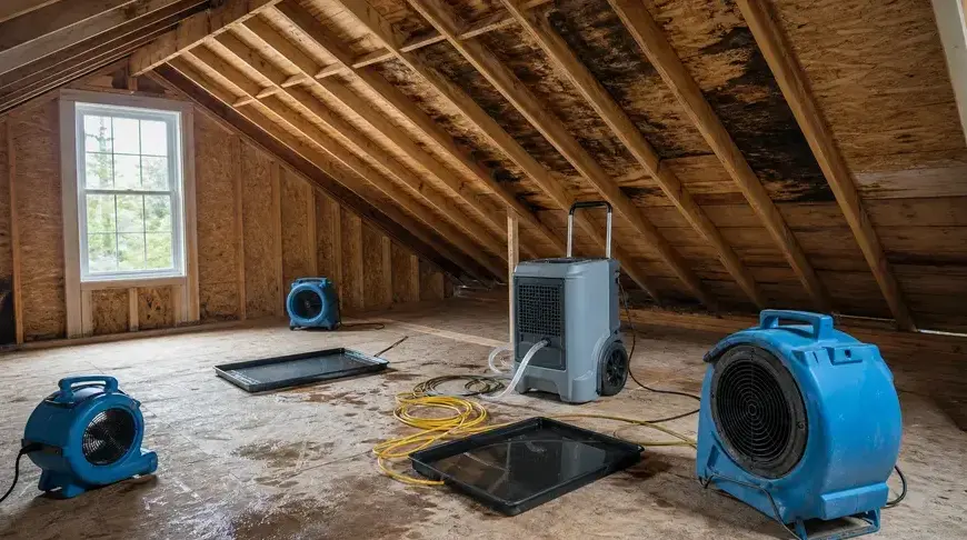 Dehumidifier and air movers drying an attic with water-stained roof sheathing in Kaukauna, WI