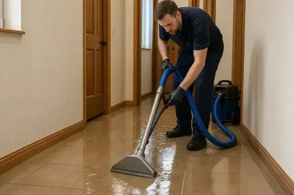 Technician extracting water from a tiled hallway floor in Kaukauna, WI