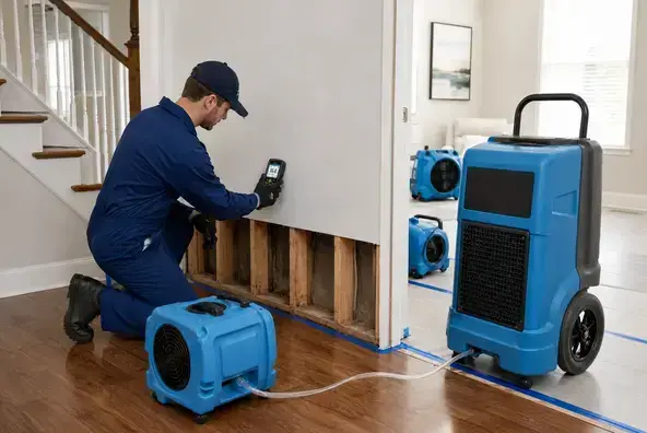 Technician checking moisture behind removed drywall with air movers and a dehumidifier after a flood in Kaukauna, WI