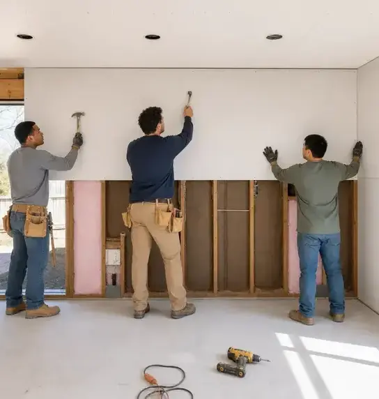 Crew hanging new drywall over opened wall framing during water damage repair in Kaukauna, WI